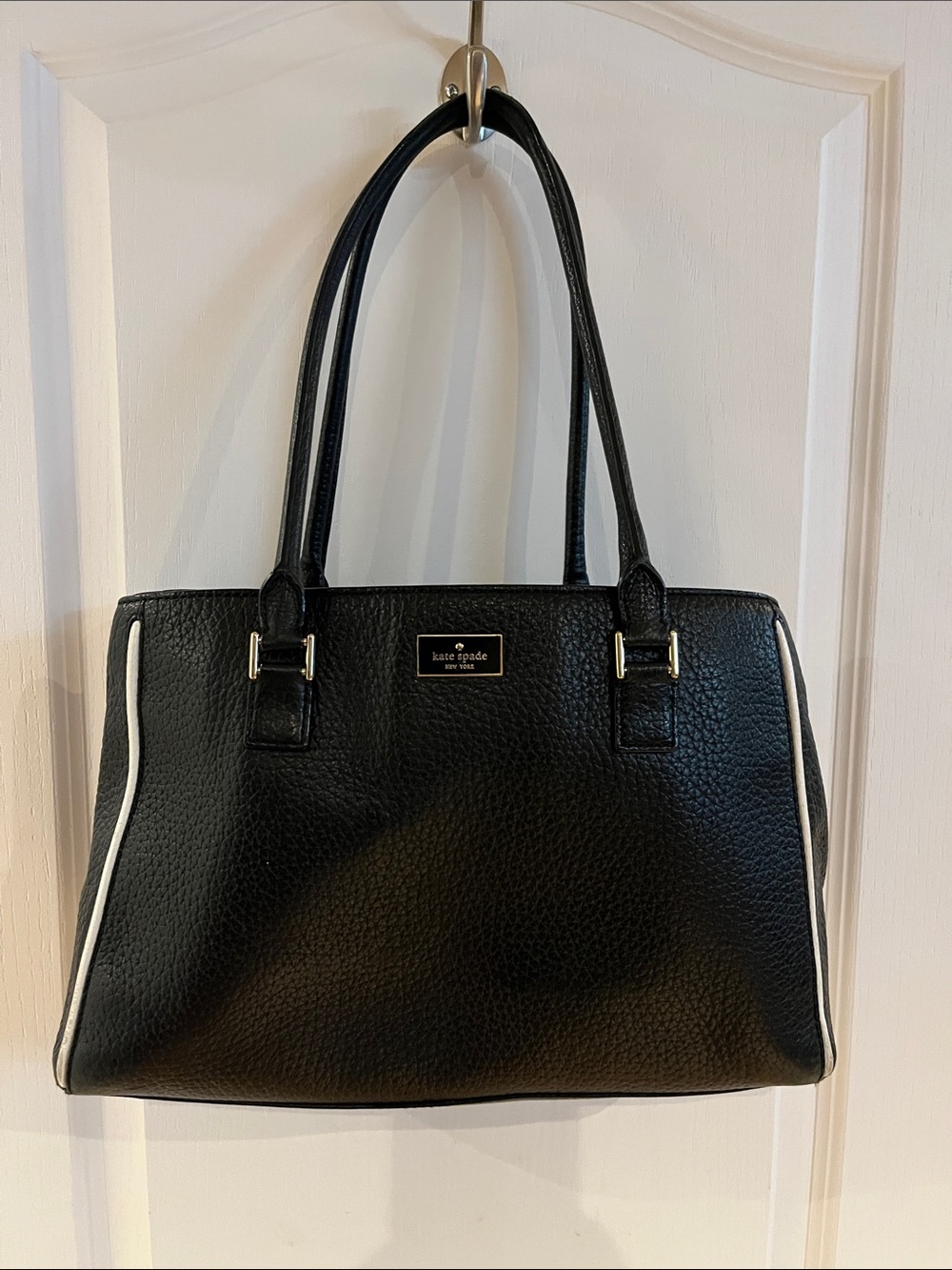 kate spade Black Pebbled Leather Shoulder Bag with White Trim